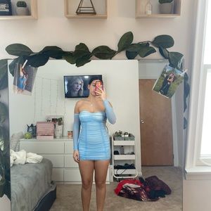 fashion nova blue ruched off the shoulder dress.